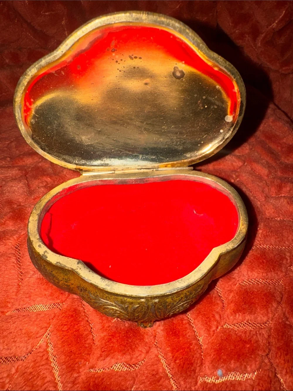 Vintage Ornate Brass & Enamel Pegasus Trinket Box Red Velvet Lined Footed Casket